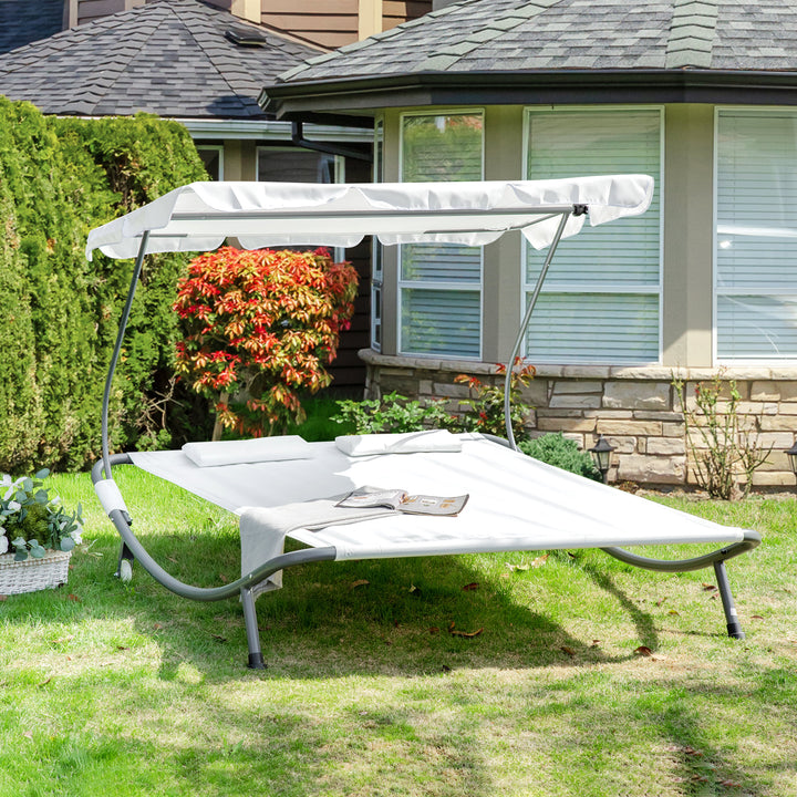 Double Sun Lounger with Adjustable Detachable Canopy, Portable Garden Daybed for 2 with Wheels, Outdoor Sunbed Hammock with 2 Pillows, 220 KG Max. Load, White