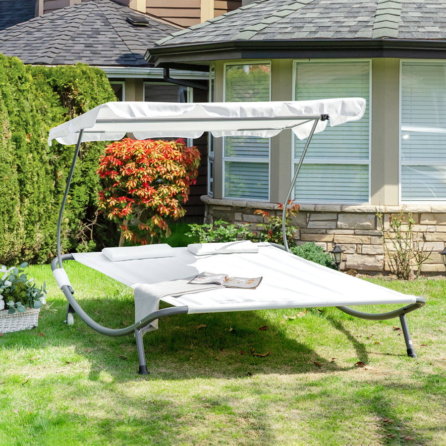 Double Sun Lounger with Adjustable Detachable Canopy, Portable Garden Daybed for 2 with Wheels, Outdoor Sunbed Hammock with 2 Pillows, 220 KG Max. Load, White