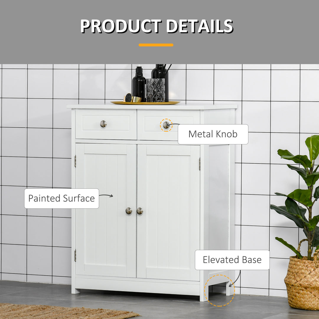 75x60cm Freestanding Bathroom Storage Cabinet Unit w/ 2 Drawers Cupboard Adjustable Shelf Metal Handles Traditional Style White