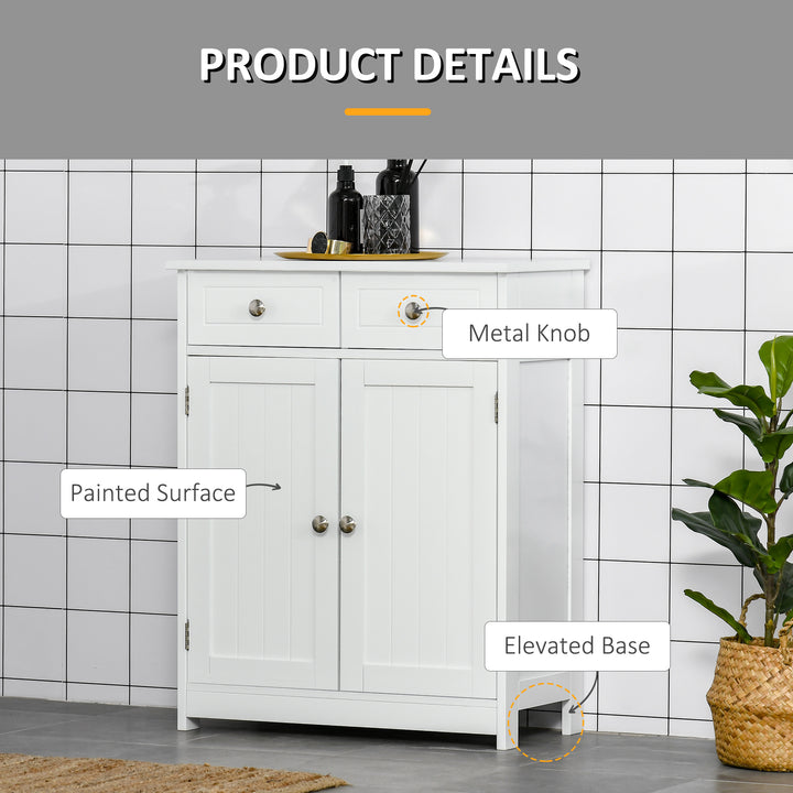 75x60cm Freestanding Bathroom Storage Cabinet Unit w/ 2 Drawers Cupboard Adjustable Shelf Metal Handles Traditional Style White