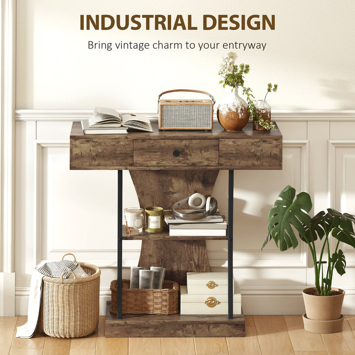 Console Table, 3-Tier Industrial Hallway Table with Drawer, Storage Shelves, 91 x 32 x 87 cm