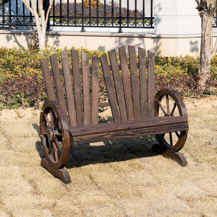 Outsunny 2 Seater Garden Bench Comfortable Fir Logs Love Chair w/ Wheel-Shaped Armrests, Outdoor Adirondack Wooden Loveseats | Aosom UK