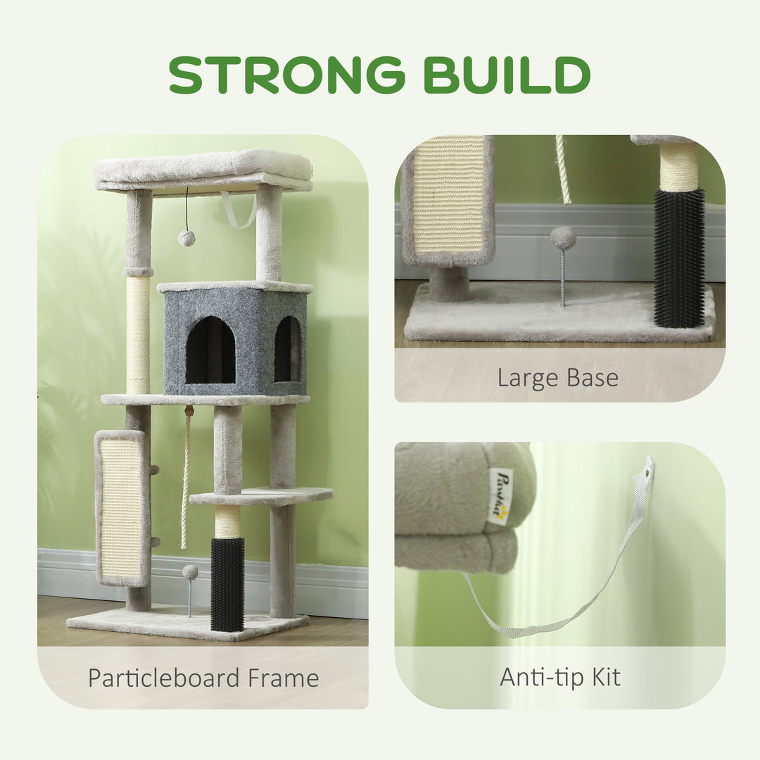 132cm Cat Tree w/ Scratching Posts, Pad, Cat Bed, Cat House, Jumping Platform, Grooming Brush, Anti-Tip Kit, Light Grey