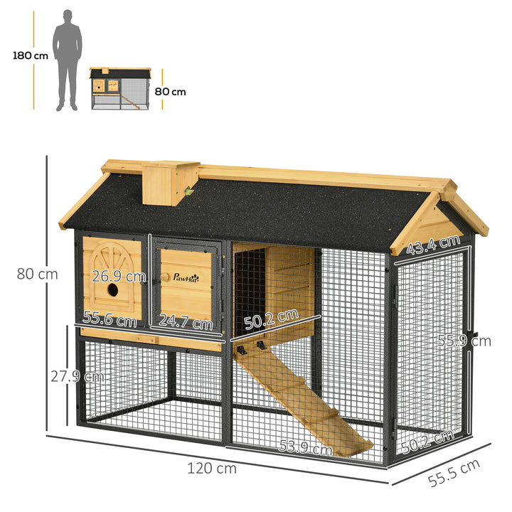 Outdoor Rabbit Hutch, with Run, Removable Tray, Asphalt Roof, 120 x 55.5 x 80cm