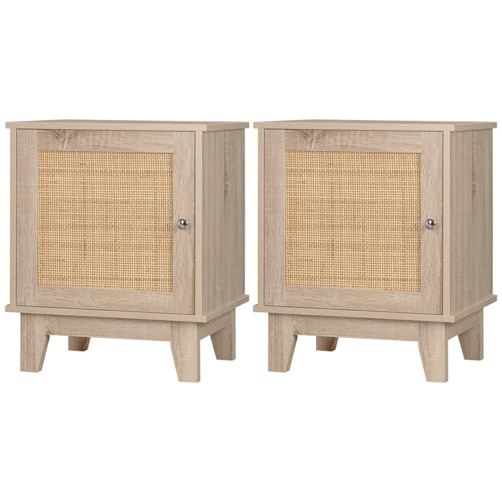 HOMCOM Bedside Table, Bedside Cabinet with Storage Cupboard, Side End Table with Rattan Element for Living Room, Bedroom, Set of 2, Natural | Aosom UK