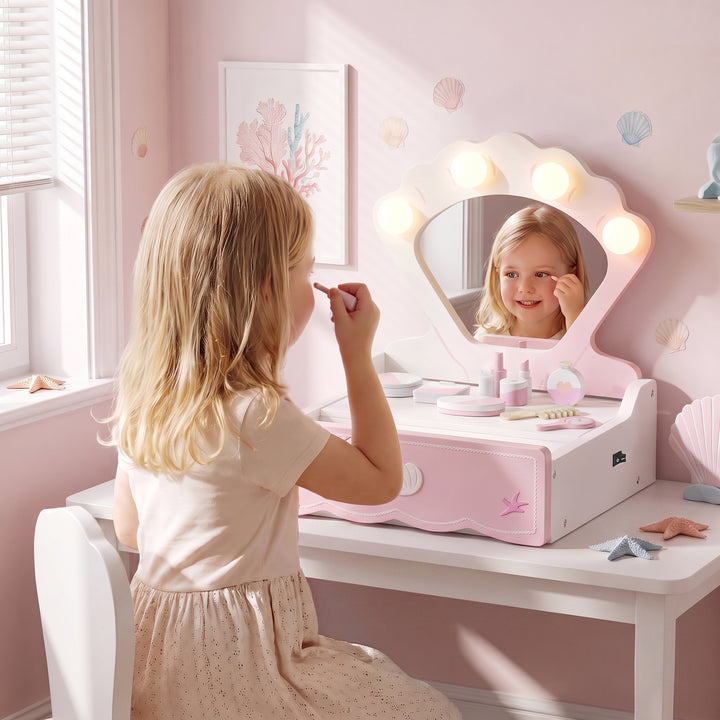 Kids Vanity Table, Portable Girls Dressing Table with Lights, Mirror, 