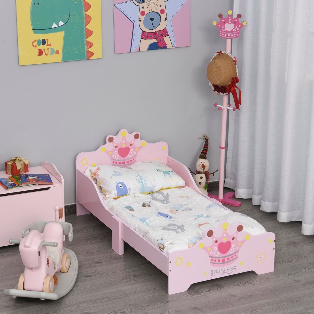 HOMCOM Kids Wooden Bed with Crown Modeling Safety Side Rails Easy to Clean Perfect Gift for Toddlers Girls Age 3 to 6 Years Old Pink | Aosom UK