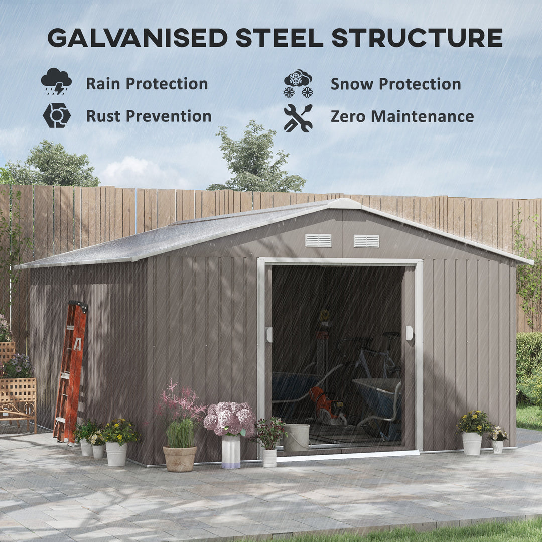 13 x 11ft Large Garden Shed, Mental Garden Storage Shed with Foundation Kit Ventilation & Doors, Light Grey