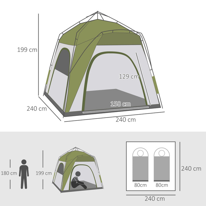 Instant Pop Up Camping Tent, 4 Man Dome Tent with 4 Doors, Sewn-in Groundsheet, Carry Bag and Top Hook for Fishing Hiking Festival, Green