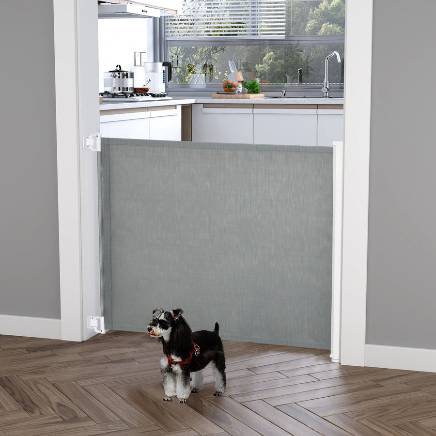 Retractable Stair Gate for Dogs, Pet Mesh Safety Gate Extends up to 115cm for Doorways Indoor- Grey