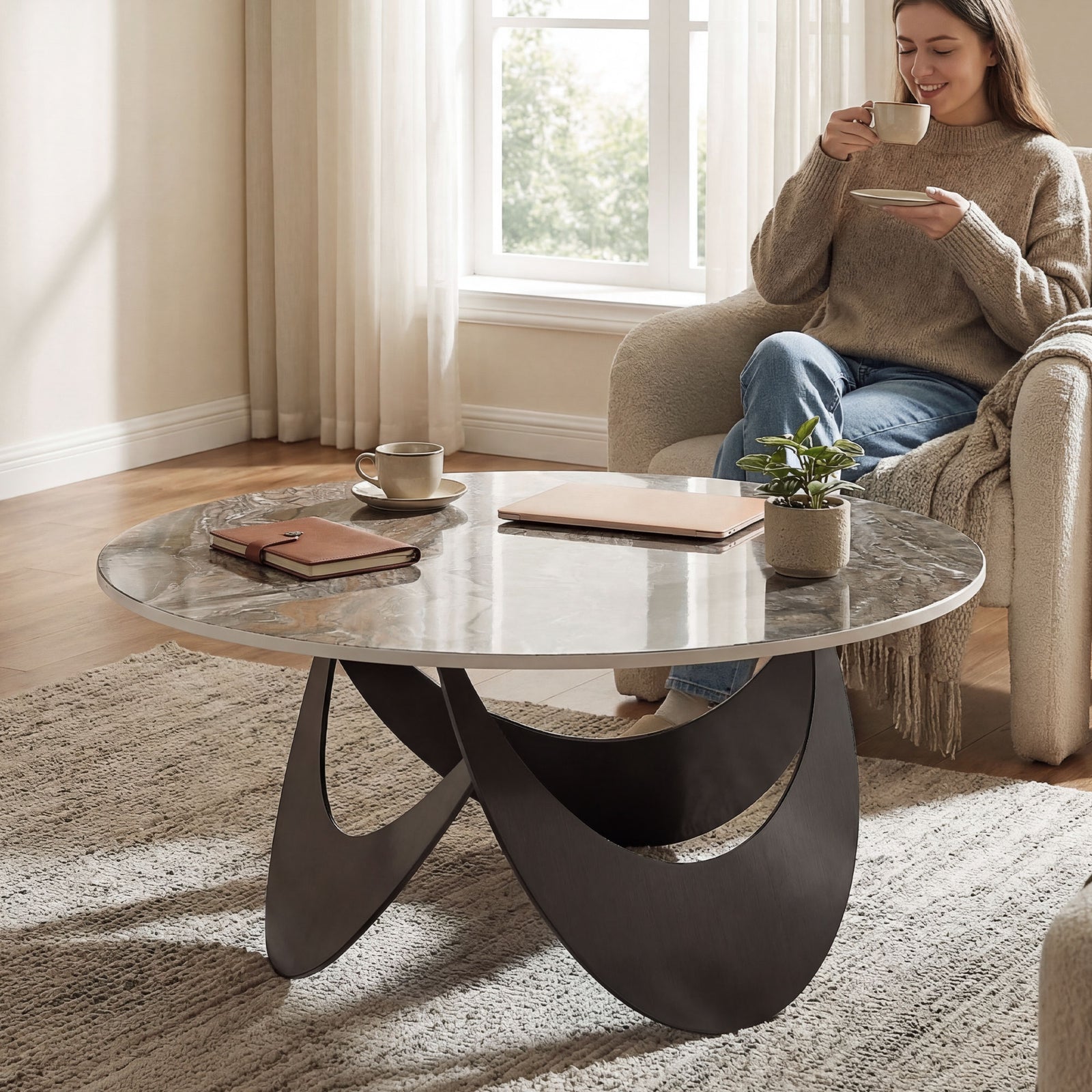 Coffee Table Sintered Stone Top Adjustable Foot Pads Modern Centre Tab