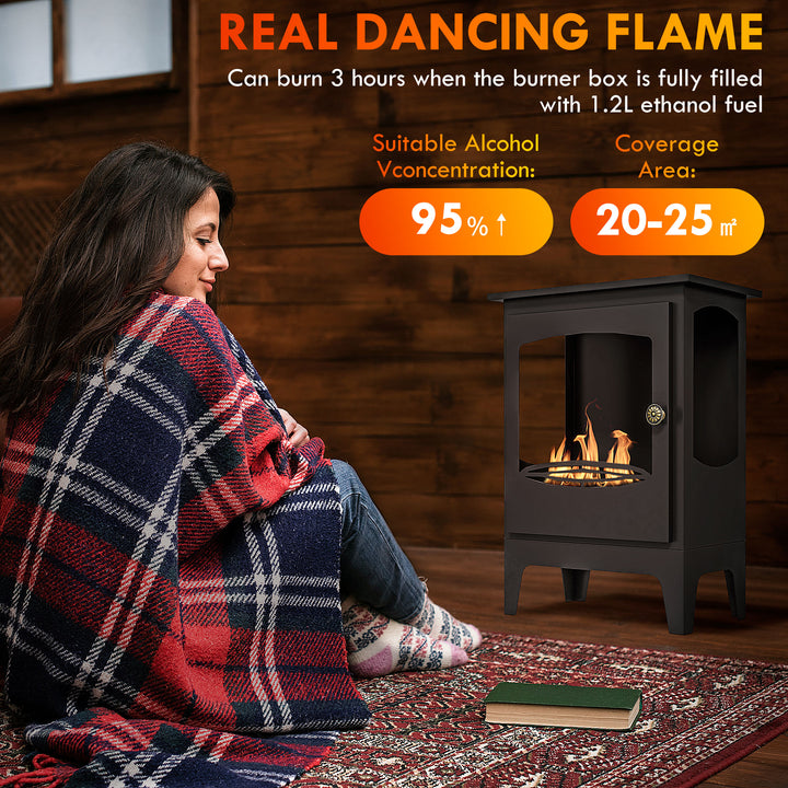 Freestanding Ethanol Fireplace, Steel Bioethanol Fireplace with Stainless Steel Flame Snuffer, 1.2L Tank, 3 Hours Burning Time for Indoor, Black