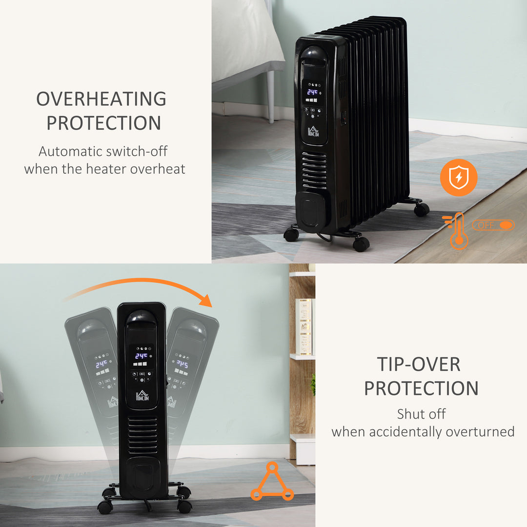 2500W Digital Display Oil Filled Radiator, 11 Fin Portable Electric Heater with Timer, Adjustable Thermostat, Three Heat settings, Safety Cut Off, Remote, Black