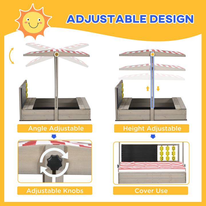 Outsunny Children's Wooden Sandpit with Protective Canopy and Seating, Outdoor Play Area, Grey