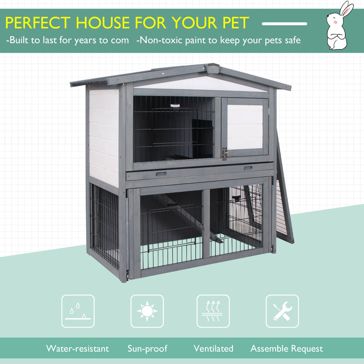 Rabbits 2-Tier Fur Wood Outdoor Hutch Guinea Pigs Hutches Grey