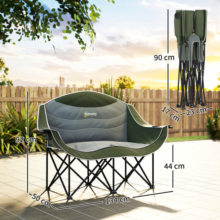 Double Camping Chair for Adults, Oversized Heavy Duty Padded Folding Chair with Armrests, Cup Holders and Carry Bag for Outdoor Camping Hiking Picnic Fishing, 250kg Capacity, Green