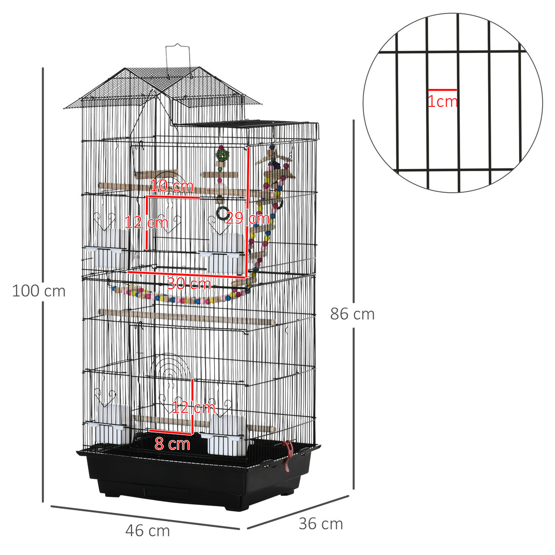 PawHut Bird Cage with Accessories, Suitable for Budgies, Finches, Canaries, Includes Toys, Tray, Handle, 46 x 36 x 100 cm, Black | Aosom UK