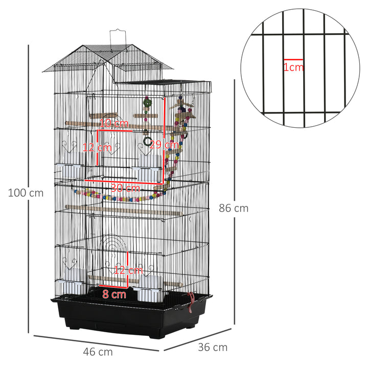 PawHut Bird Cage with Accessories, Suitable for Budgies, Finches, Canaries, Includes Toys, Tray, Handle, 46 x 36 x 100 cm, Black | Aosom UK