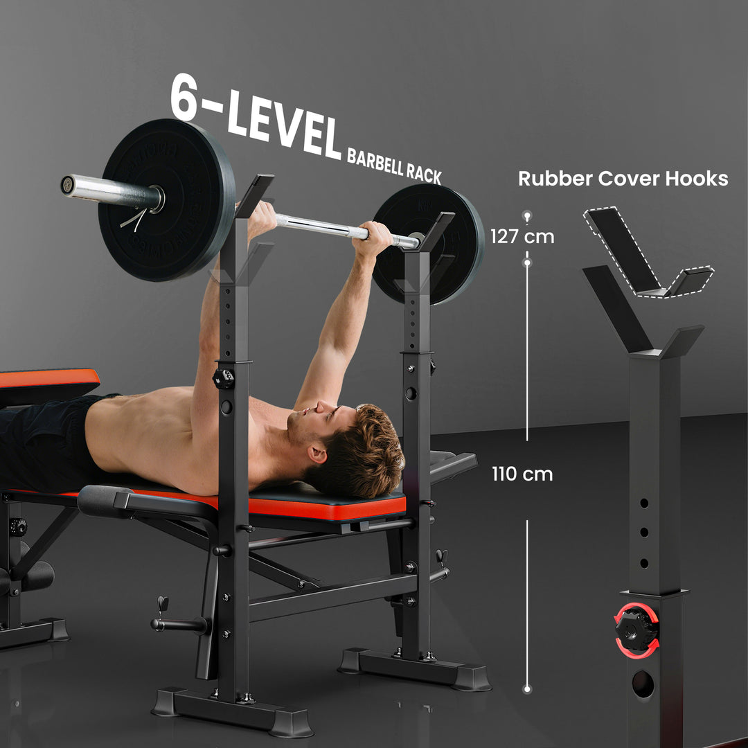 Adjustable Weight Bench with Leg Extension, Barbell Rack, Preacher Curl Pad, Butterfly, Multi-Function Home Gym Bench for Strength Training, Red