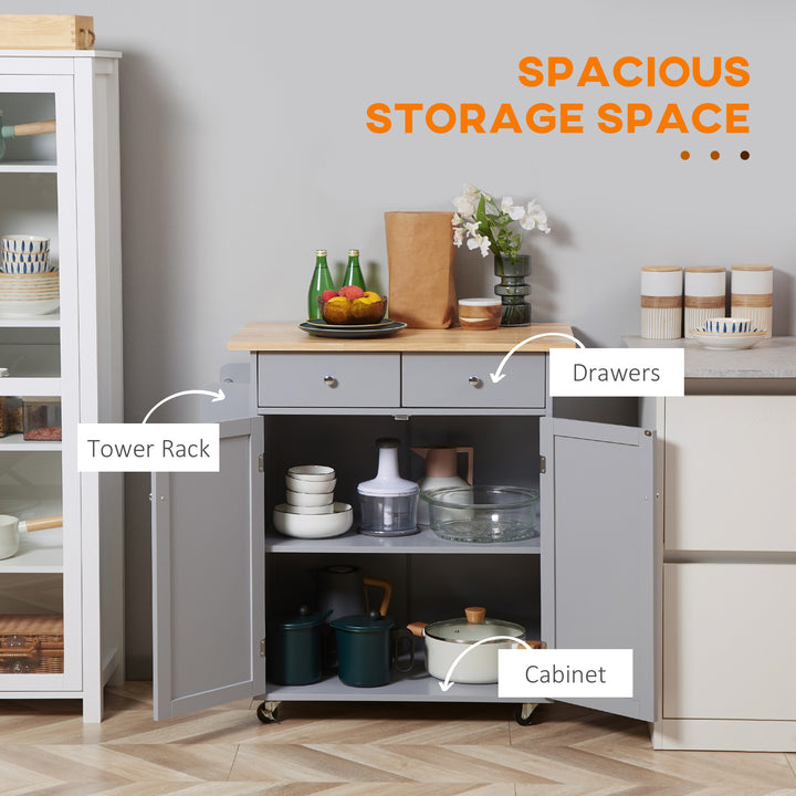 MCL Rolling Kitchen Island on Wheels, Utility Serving Cart with Rubber Wood Top, Towel Rack, Hooks and Storage Drawers, Grey