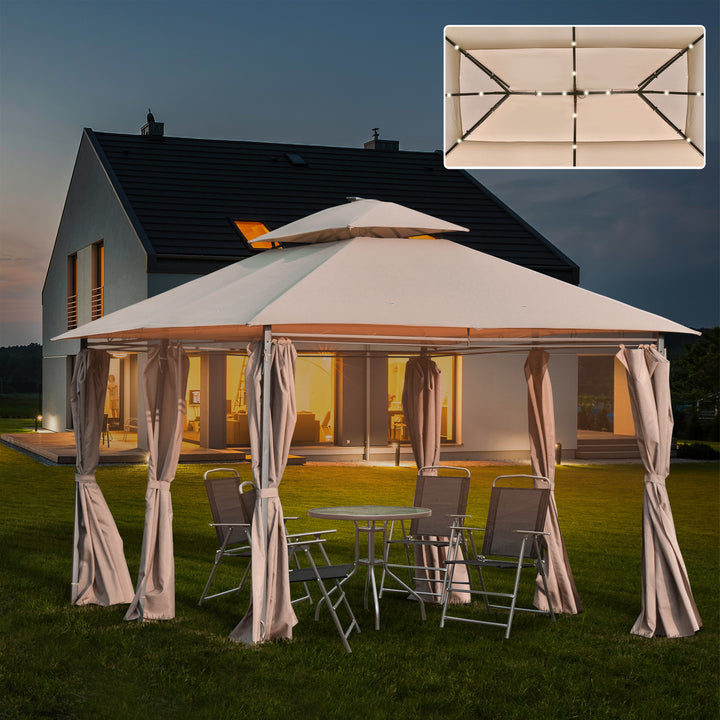 MCL 4 x 3(m) Outdoor Gazebo Canopy Party Tent Garden Pavilion Patio Shelter w/ LED Solar Light, Double Tier Roof, Curtains, Steel Frame, Khaki