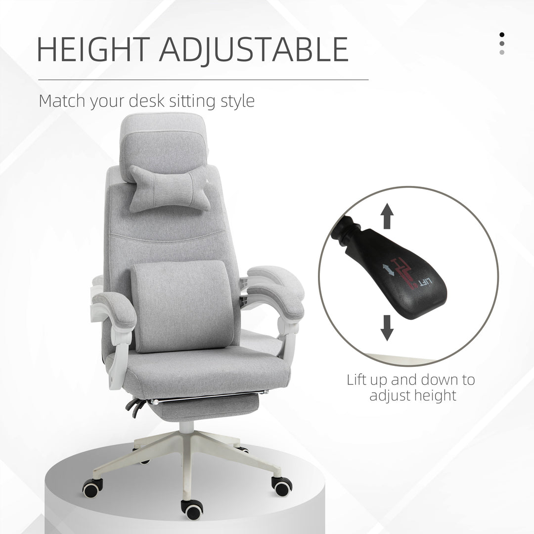Office Chair, Ergonomic Desk Chair, High Back Fabric Work Chair with 160° Reclining Backrest, Retractable Footrest, Neck and Lumbar Pillow for Home and Study, Grey