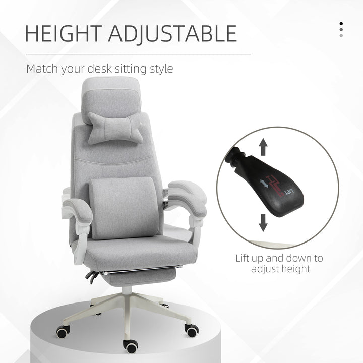 Office Chair, Ergonomic Desk Chair, High Back Fabric Work Chair with 160° Reclining Backrest, Retractable Footrest, Neck and Lumbar Pillow for Home and Study, Grey
