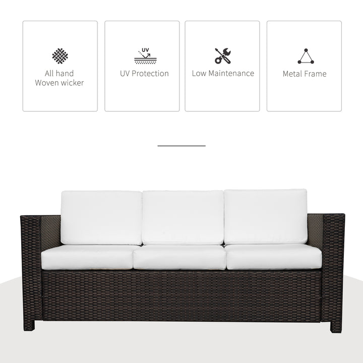 3 Seater Rattan Sofa, All-Weather Wicker Weave Metal Frame Chair with Fire Resistant Cushion, Brown