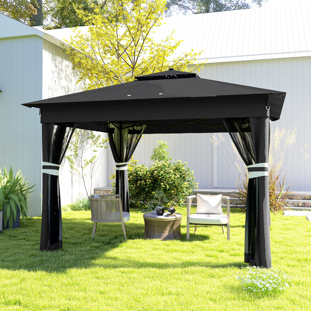 3 x 3(m) Pop Up Gazebo Party Tent with Solar-Powered LED Lights, Adjustable Event Shelter with Netting, Black