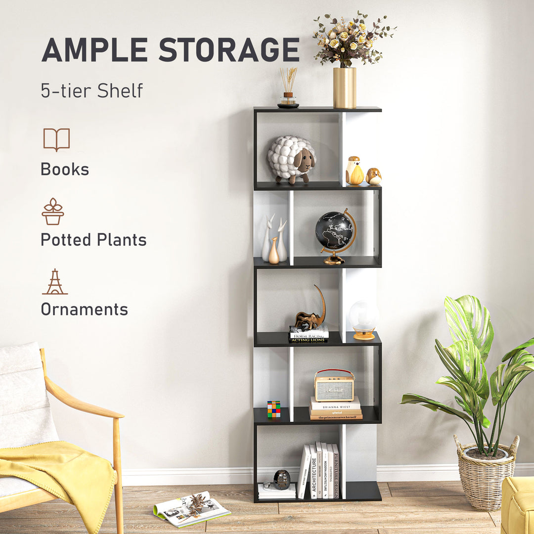 HOMCOM 5-Tier S-Shaped Black Bookcase, Stylish Storage & Display Shelving, Room Divider | Aosom UK