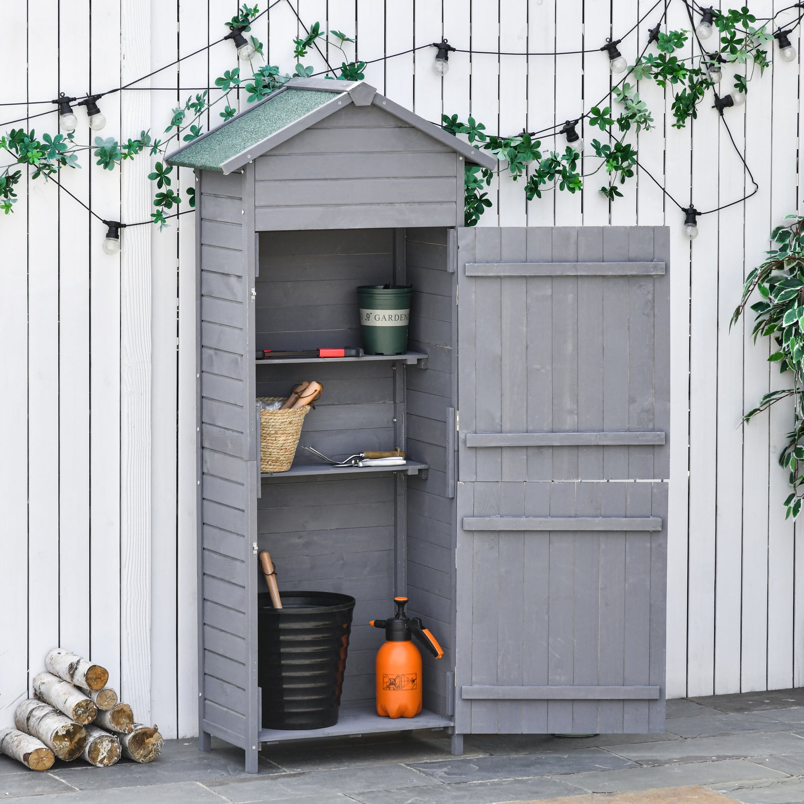 Wooden Garden Storage Shed Utility Gardener Cabinet w/ 3 Shelves, Tilted-felt Roof and Two Lockable Doors, 79cm x 49cm x 191.5cm, Dark Grey