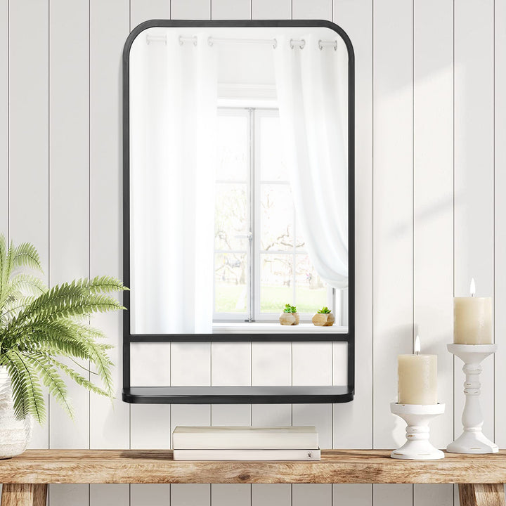Modern Square Wall Mirror with Storage Shelf, 86 x 53 Mirrors for Living Room, Bedroom, Black