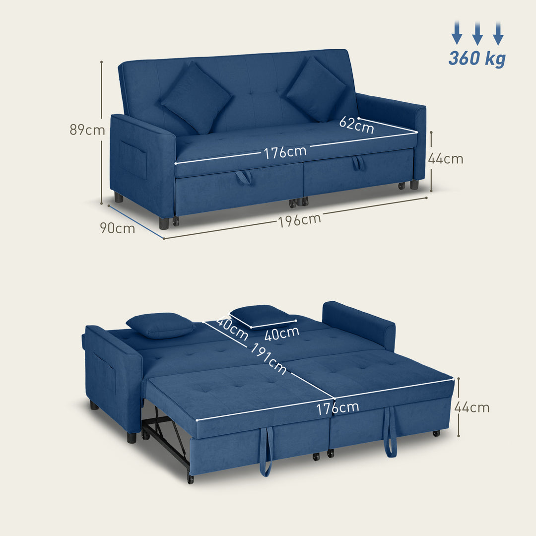 Three-Person Velvet-Feel Sofa Bed - Blue