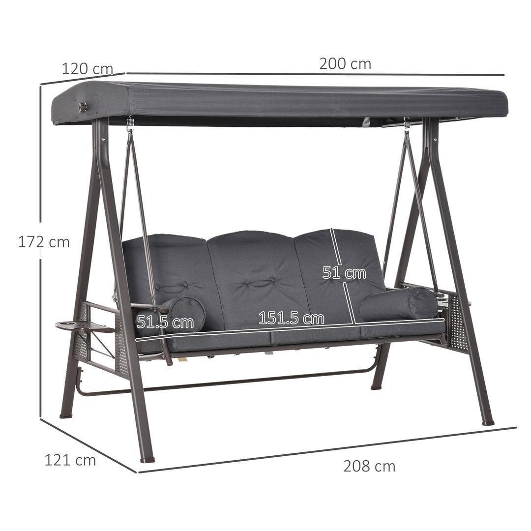 3 Seater Garden Swing Chair Outdoor Hammock Bench w/ Adjustable Canopy, Cushions and Cup Trays, Brown Steel Frame, Dark Grey Fabric