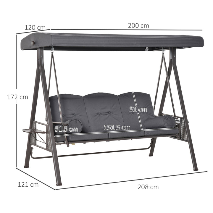3 Seater Garden Swing Chair Outdoor Hammock Bench w/ Adjustable Canopy, Cushions and Cup Trays, Brown Steel Frame, Dark Grey Fabric