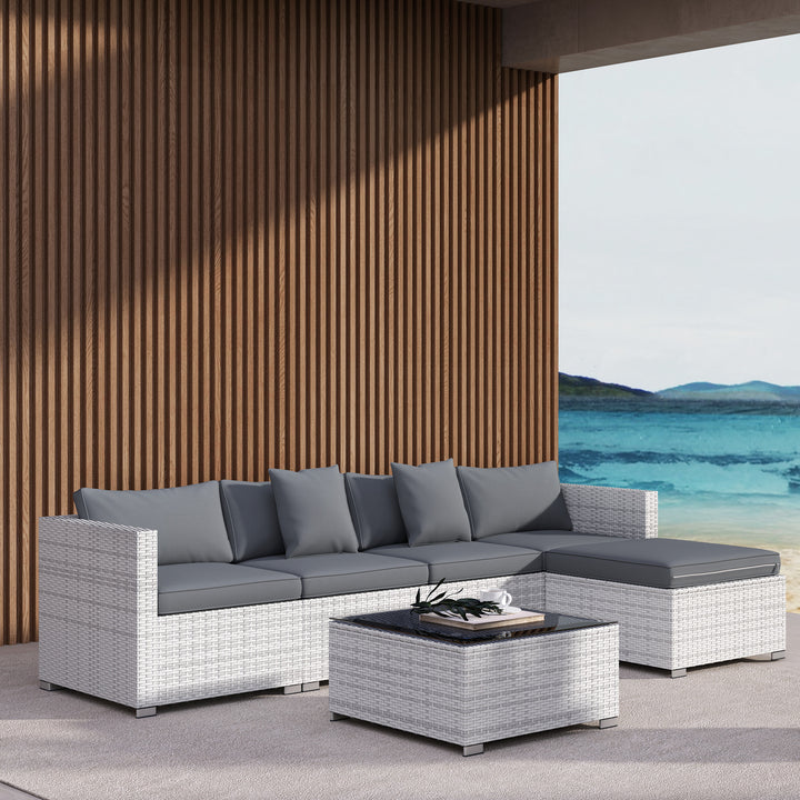 6 Pieces Rattan Corner Sofa Set - Mixed Grey