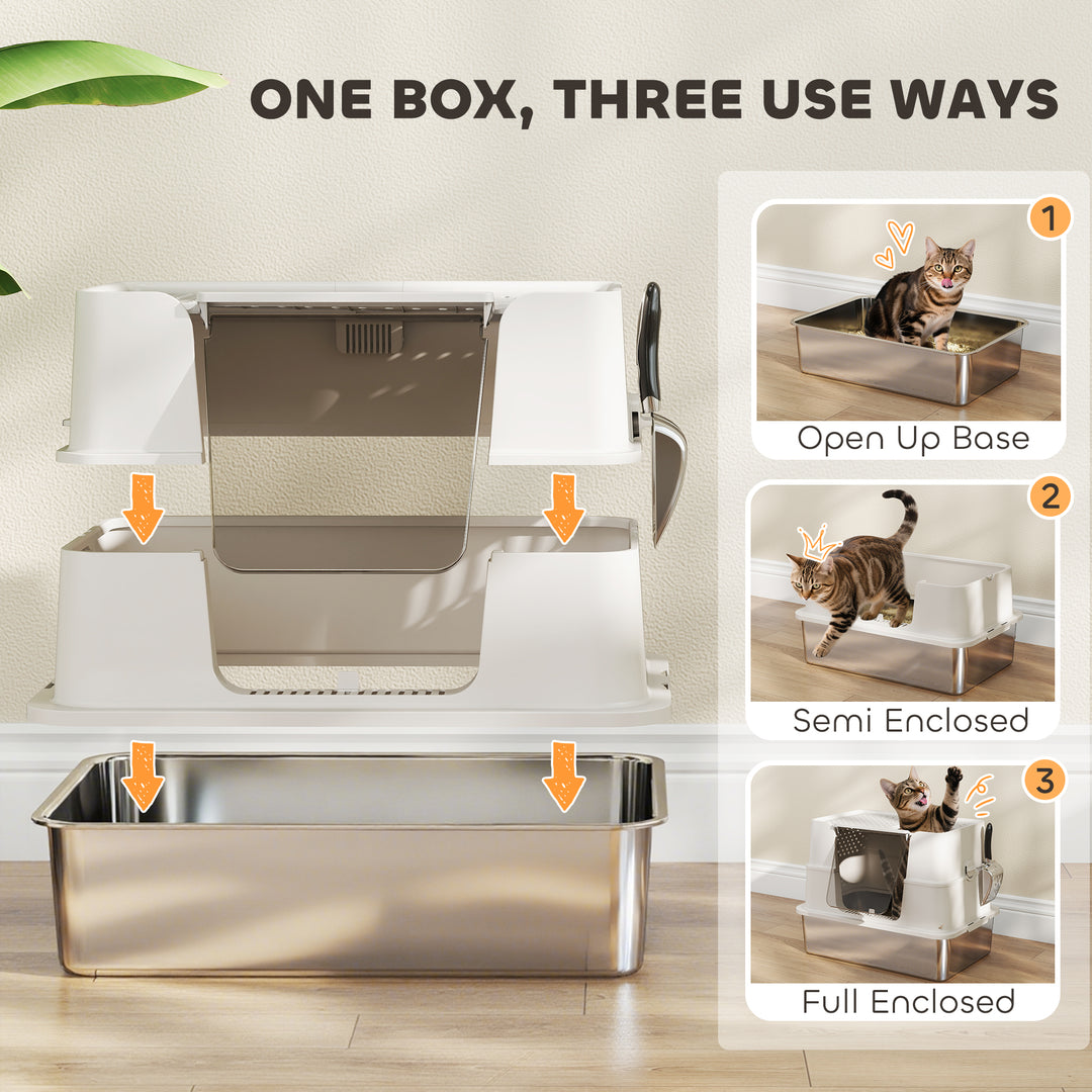 XL Stainless Steel Litter Box w/ 100° Flip Top, Scoop, Side Top Dual Entry, Odor Free, Easy Cleaning, Anti Leakage