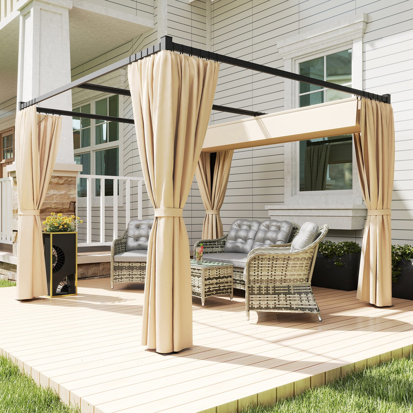 3 x 3m Retractable Roof Pergola, with Curtains - Khaki