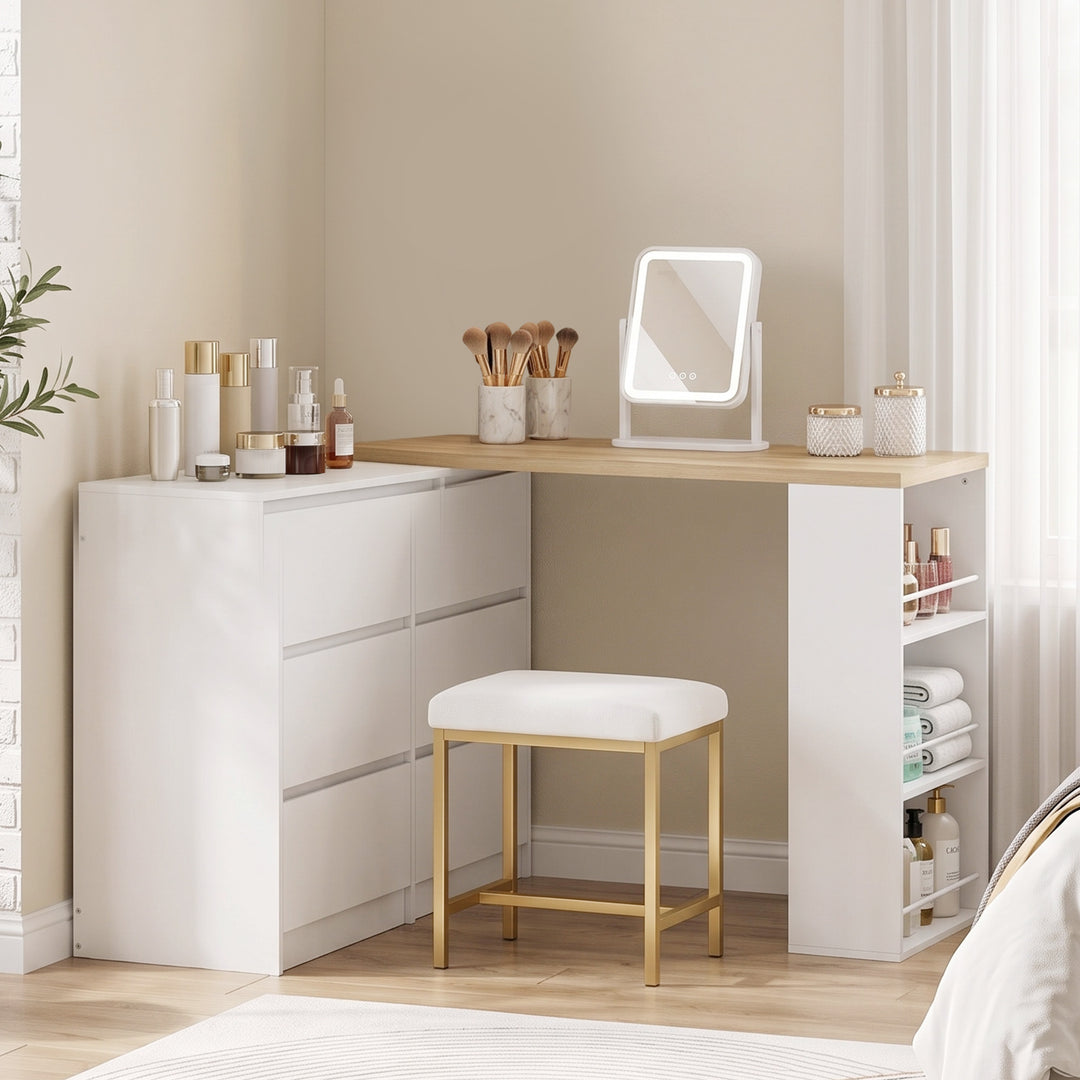 Vanity Table, Dressing Table with 6 Drawers and 3-Tier Shelf for Women