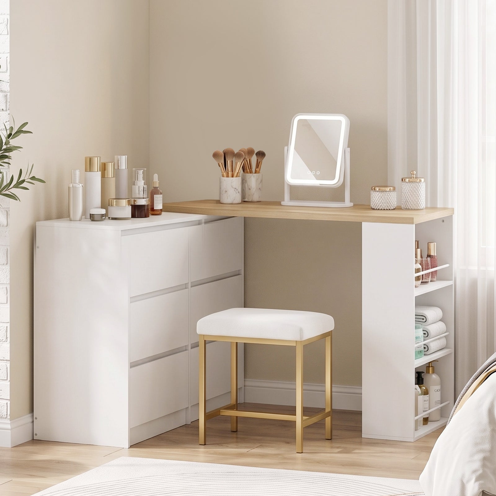 Vanity Table, Dressing Table with 6 Drawers and 3-Tier Shelf for Women