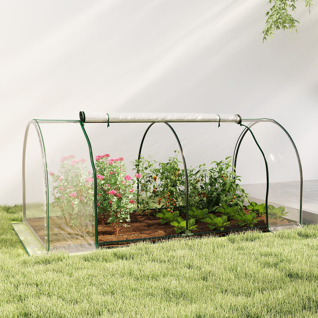 MCL Mini Greenhouse, Small Polytunnel Green House with Zipped Doors, Steel Frame for Garden Patio, 250 x 100 x 80cm, Clear