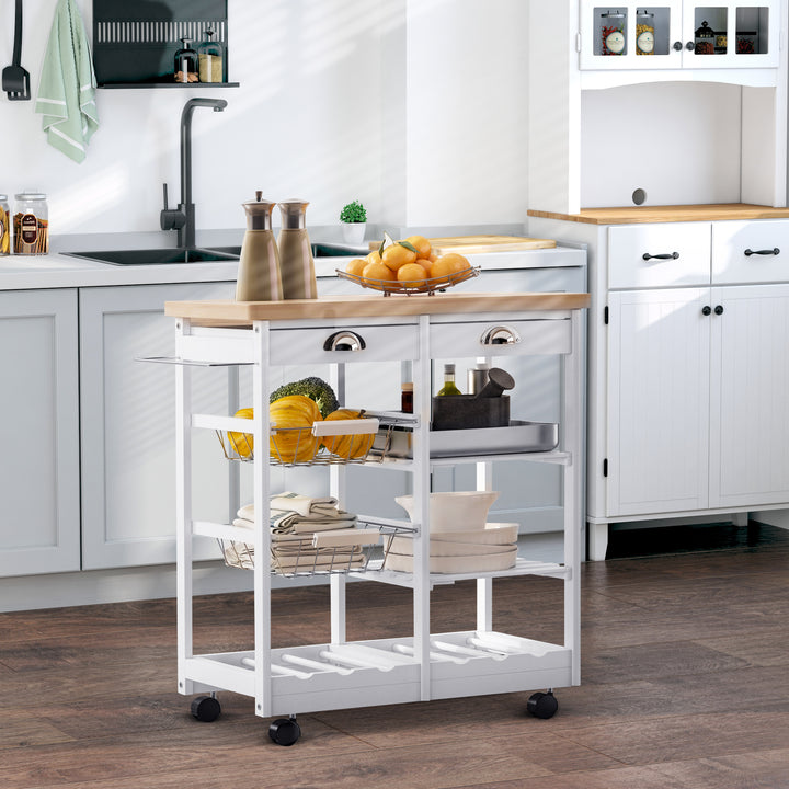 MCL Rolling Kitchen Island Trolley Cart Drawer Shelves Basket Wheels W/  6 Bottle Wine Rack White