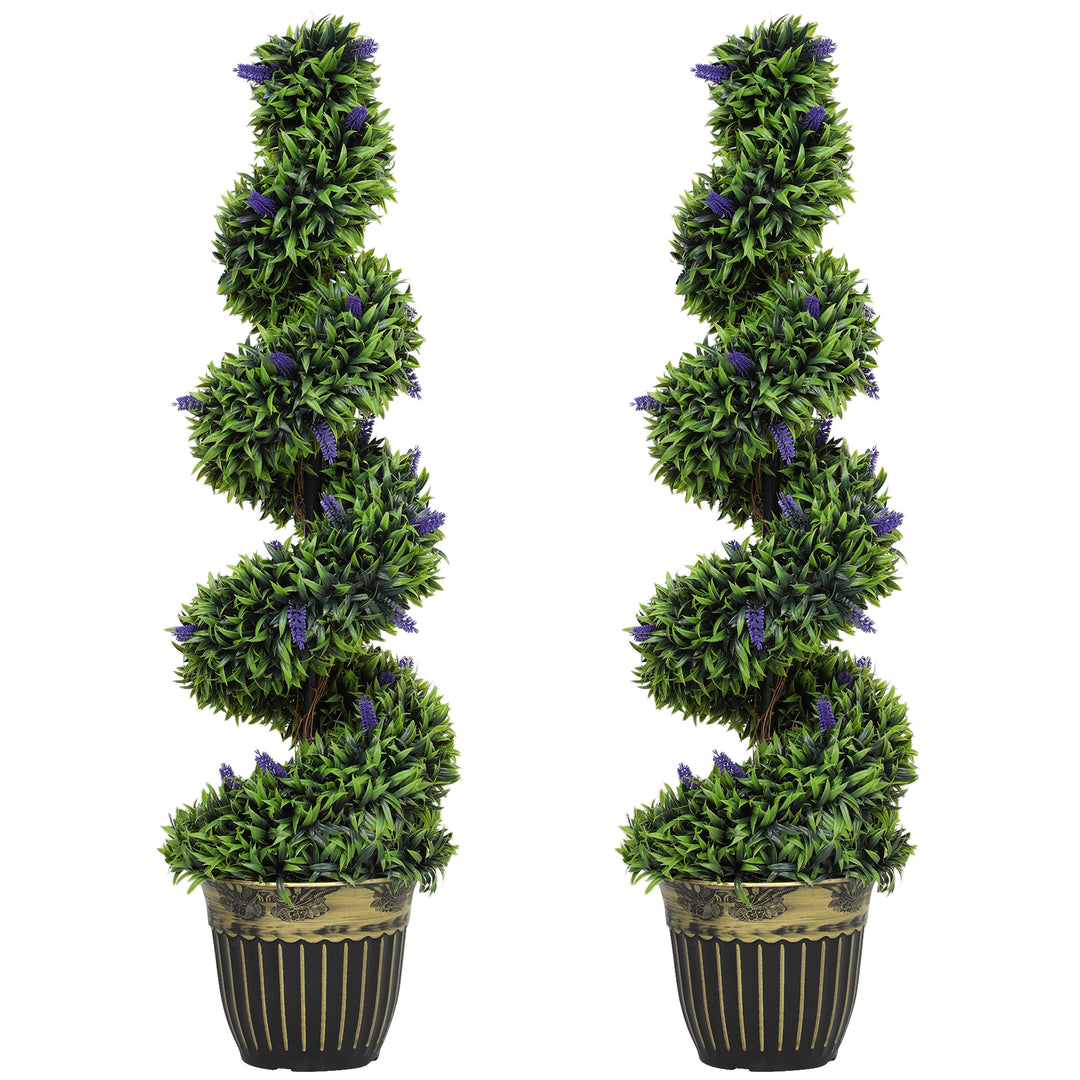 Set of 2 Decorative Artificial Plants, Boxwood Spiral Topiary Tree with Lavender and Pot, Fake Plants for Home Indoor Outdoor Decor, 115cm