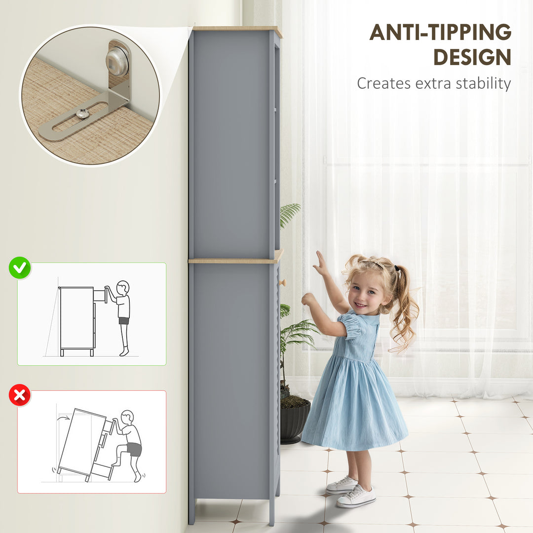 Bathroom Floor Storage Cabinet with 3 Tier Shelf and Cupboard with Door, Free Standing Linen Tower, Tall Slim Side Organizer Shelves, Grey