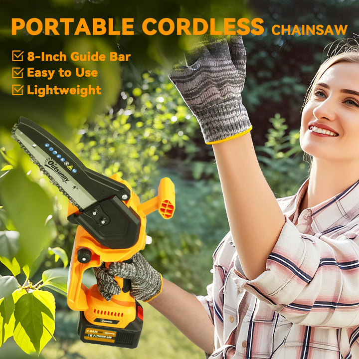 8 Inch Electric Chainsaw, Cordless Mini Chain Saw with Brushless Motor, 2 x 4000mAh Batteries and Safety Lock, Handheld Portable Wood Pruning Saw for Trimming Cutting, Orange