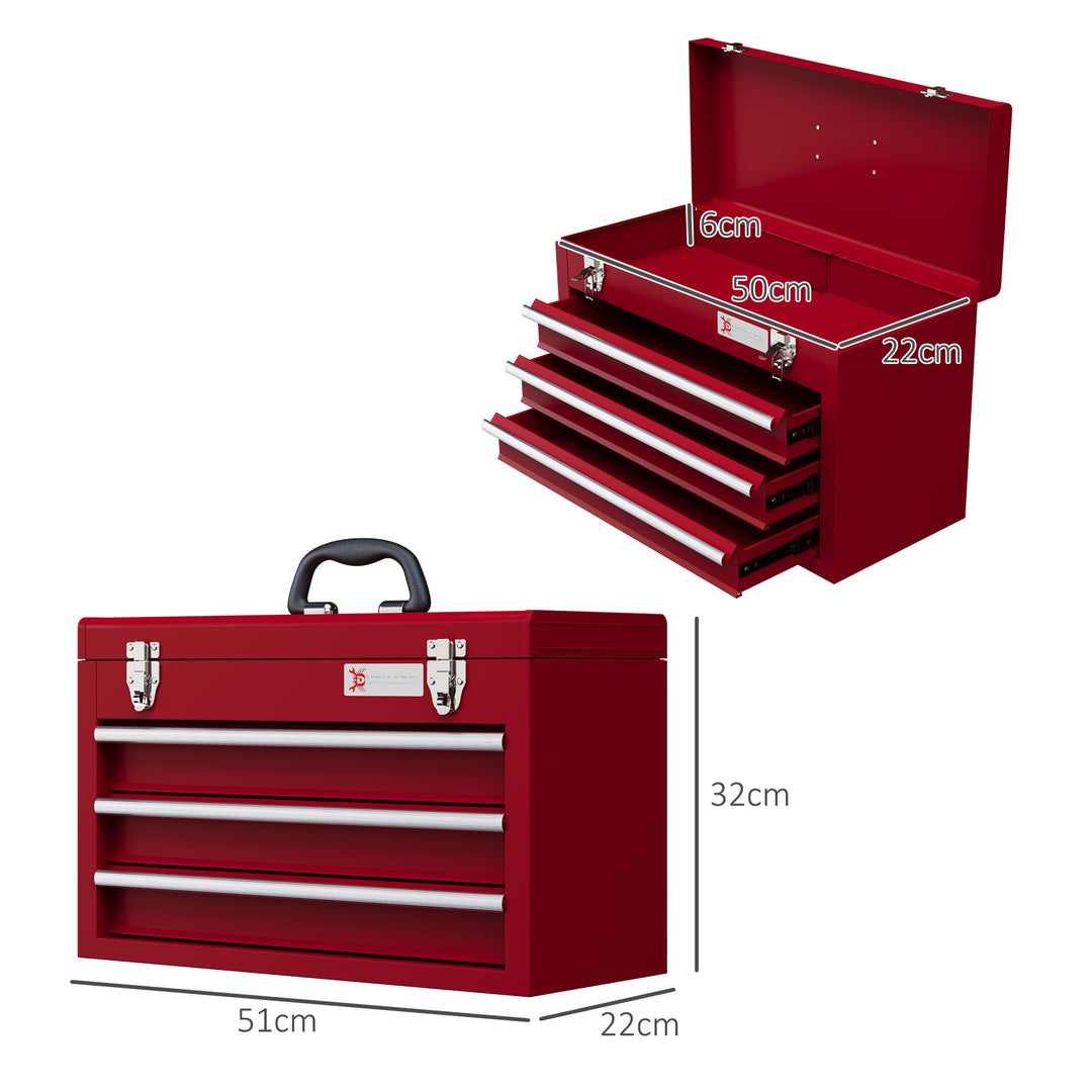 DURHAND Metal Tool Box, 3 Drawer, Lockable Tool Chest with Latches, Handle, Ball Bearing Runners, Red | Aosom UK