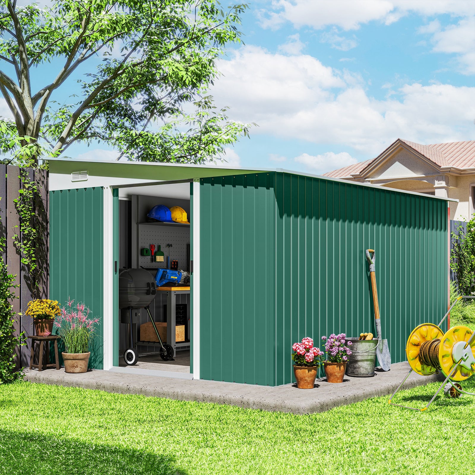 Garden Metal Storage Shed Outdoor Metal Tool House with Double Sliding Doors and 2 Air Vents, 11.3x9.2ft, Green