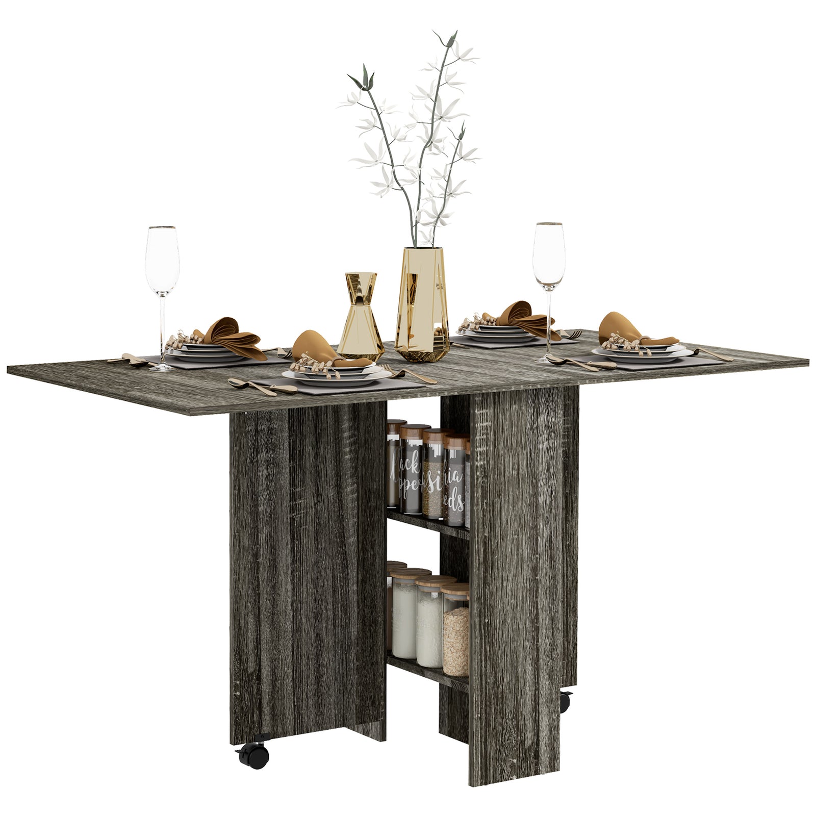 Folding Dining Table, Drop Leaf Table with 2-Tier Shelves, Rolling Casters, for Small Spaces, Kitchen, Grey
