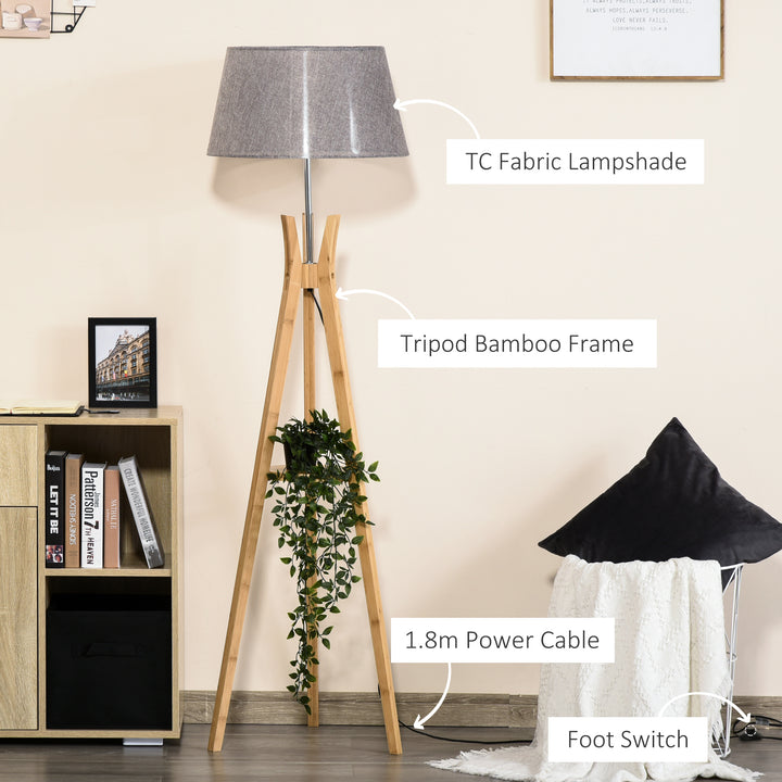 MCL Natural Wood Tripod Floor Lamp Light E27 Base Bedroom Living Room Fabric Shade Storage Shelf Foot Switch, 156cm, Grey