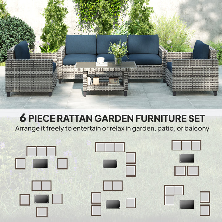 Six-Piece Modular Rattan Sofa Set - Navy Blue